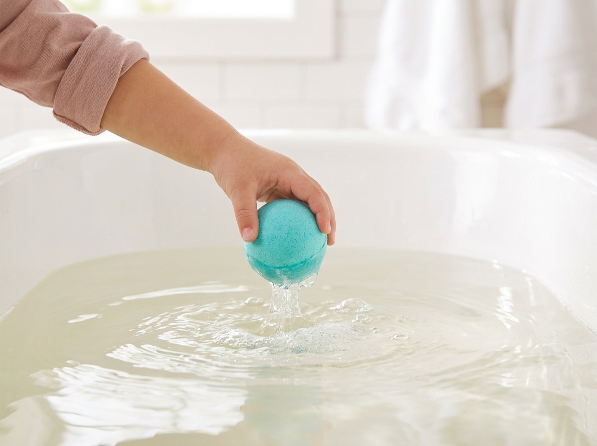 Step 1 — a child's hand dropping an aqua Ocean Bomb bath bomb into warm bathwater
