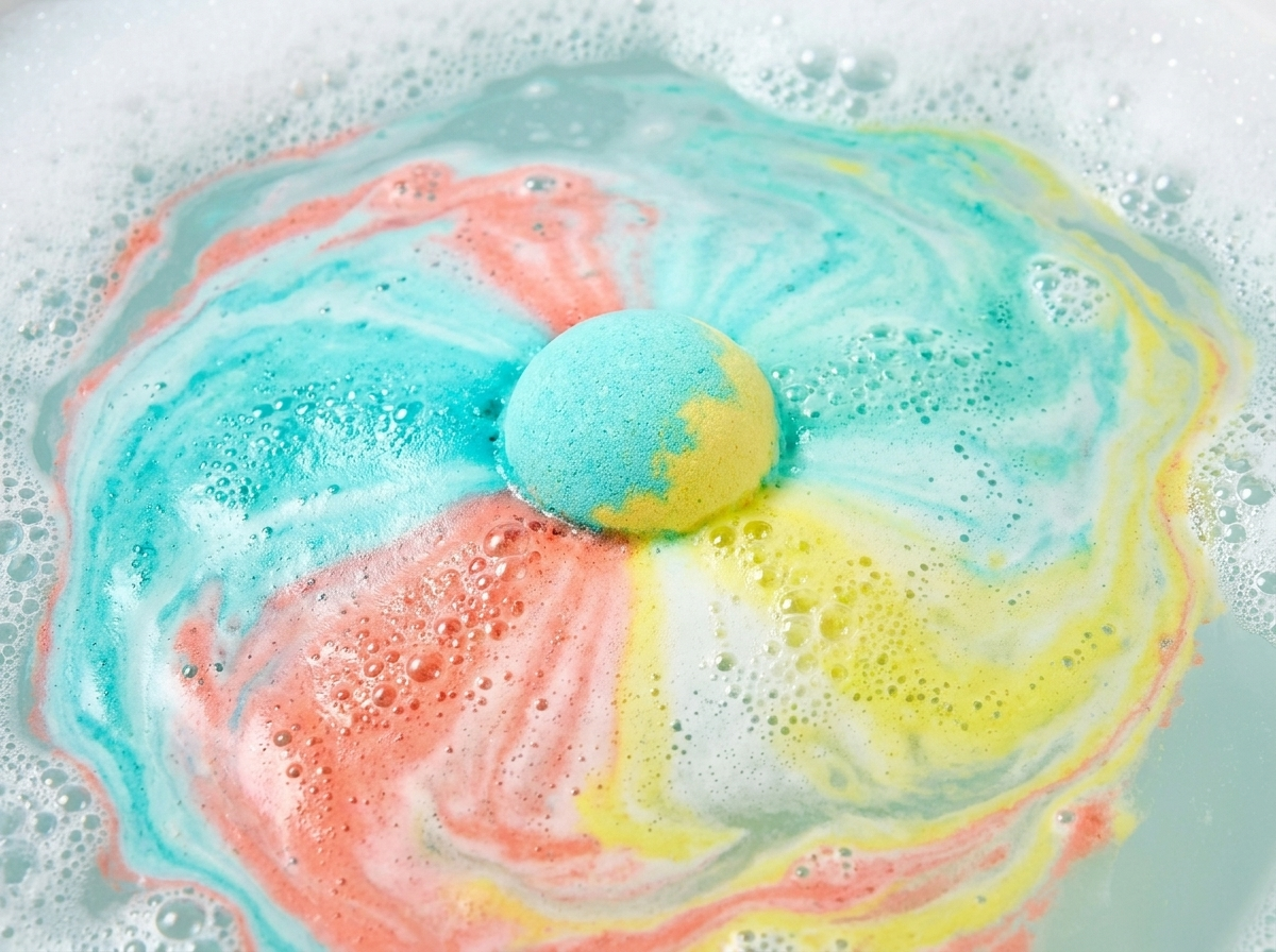 Step 2 — bath bomb fizzing with vivid swirls of aqua, coral and yellow color in the water