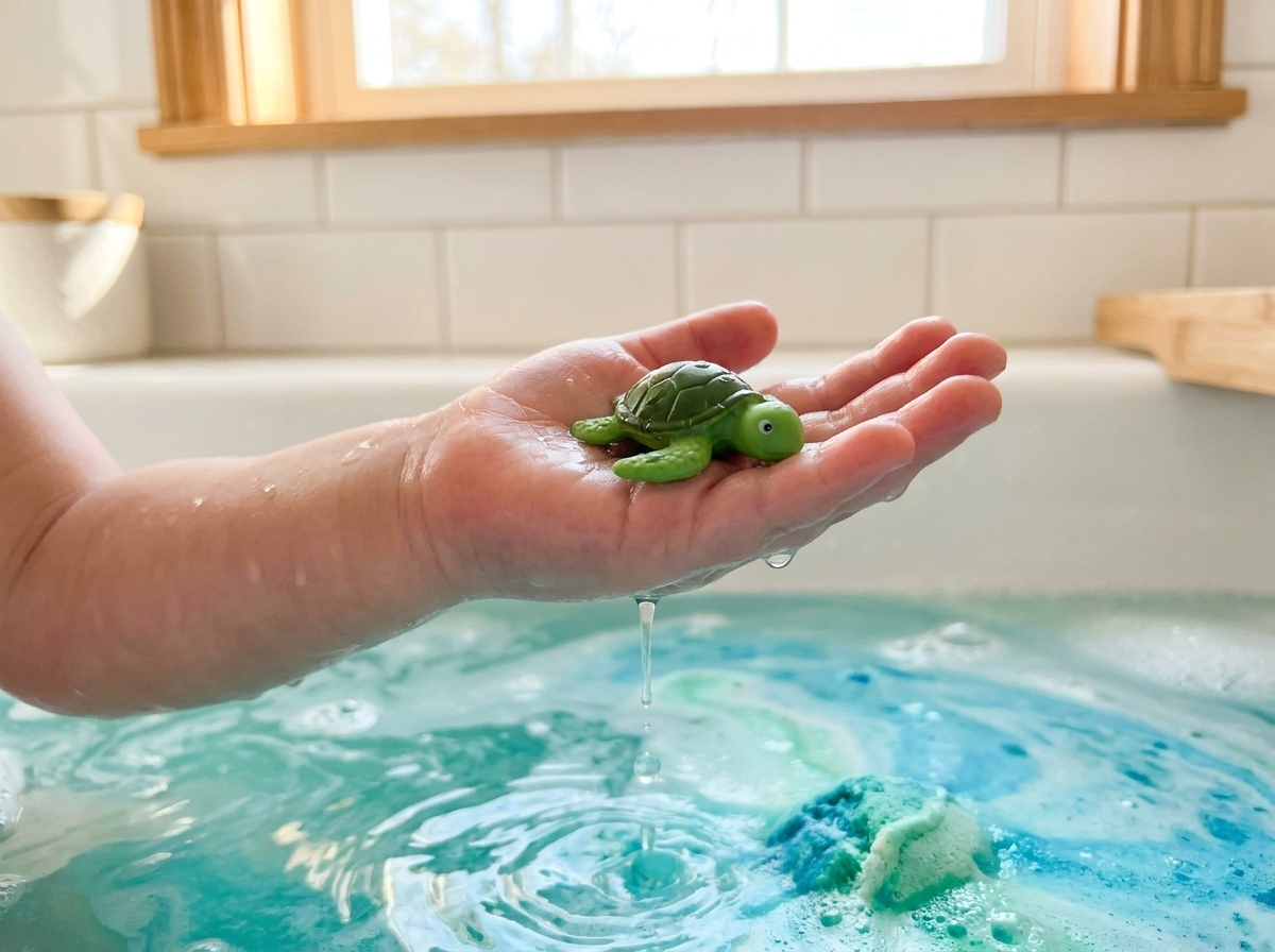 Step 3 — a child's hand holding a collectible sea turtle toy discovered in the fizzing bathwater